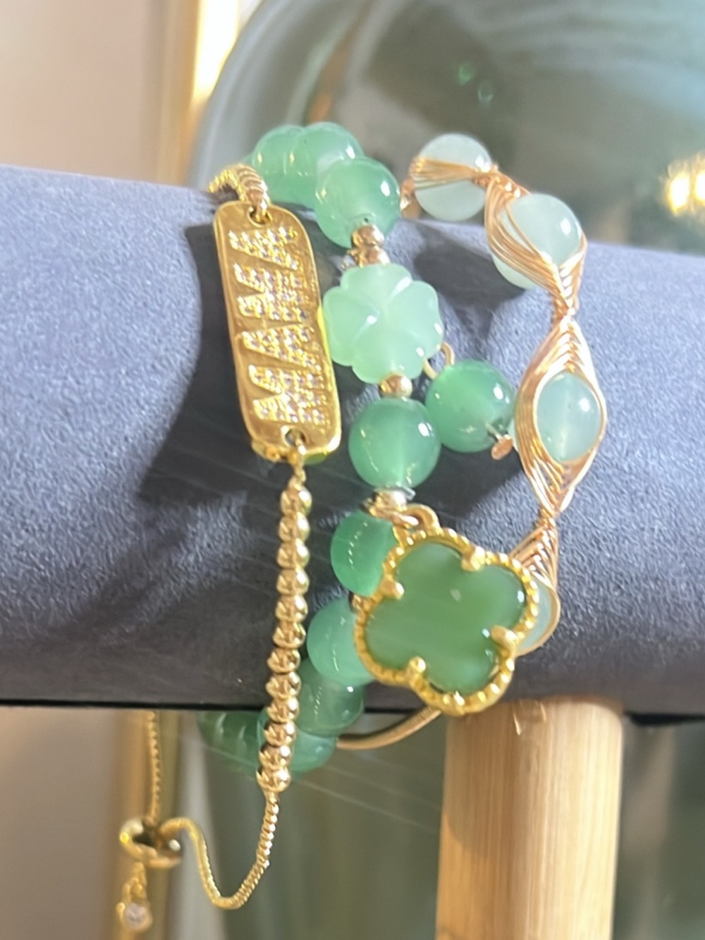 3PCS Set Gold and Green Aventurine Bead Bracelet with Clover Charm - Picture 7 of 7
